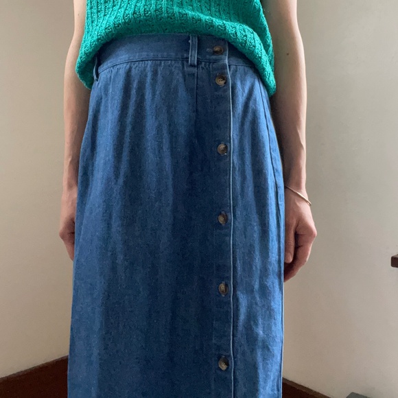 Vintage High Waisted Long Denim Skirt with Side Button Band - Picture 6 of 14
